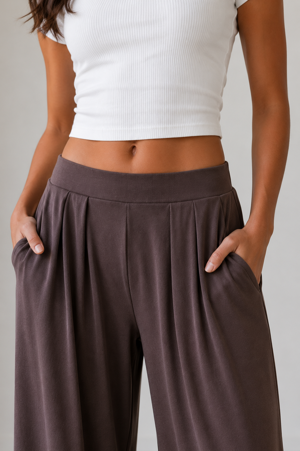 Studio Wide Leg Yüksek Bel Pileli Cepli Pantolon - Kahverengi - Pantolon fason üretim görsel 4