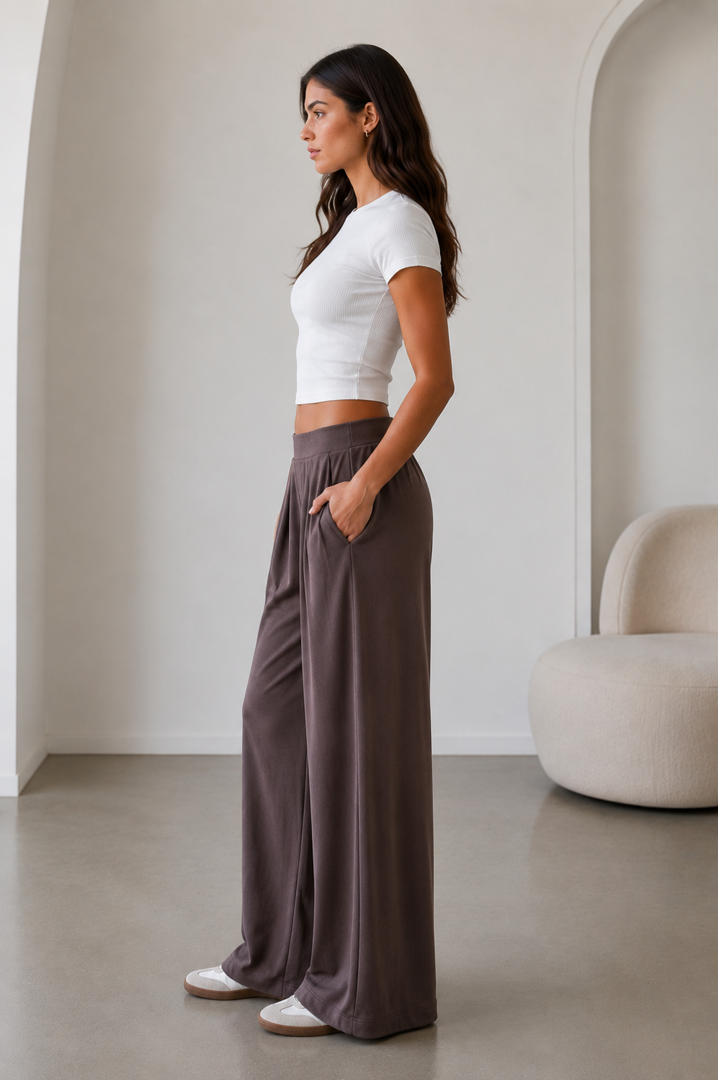 Studio Wide Leg Yüksek Bel Pileli Cepli Pantolon - Kahverengi - Pantolon fason üretim görsel 3