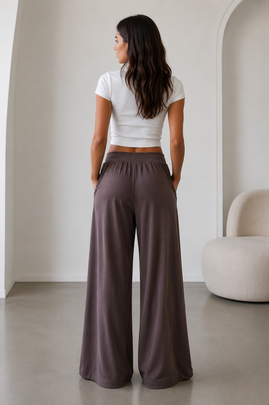 Studio Wide Leg Yüksek Bel Pileli Cepli Pantolon - Kahverengi - Pantolon fason üretim görsel 2