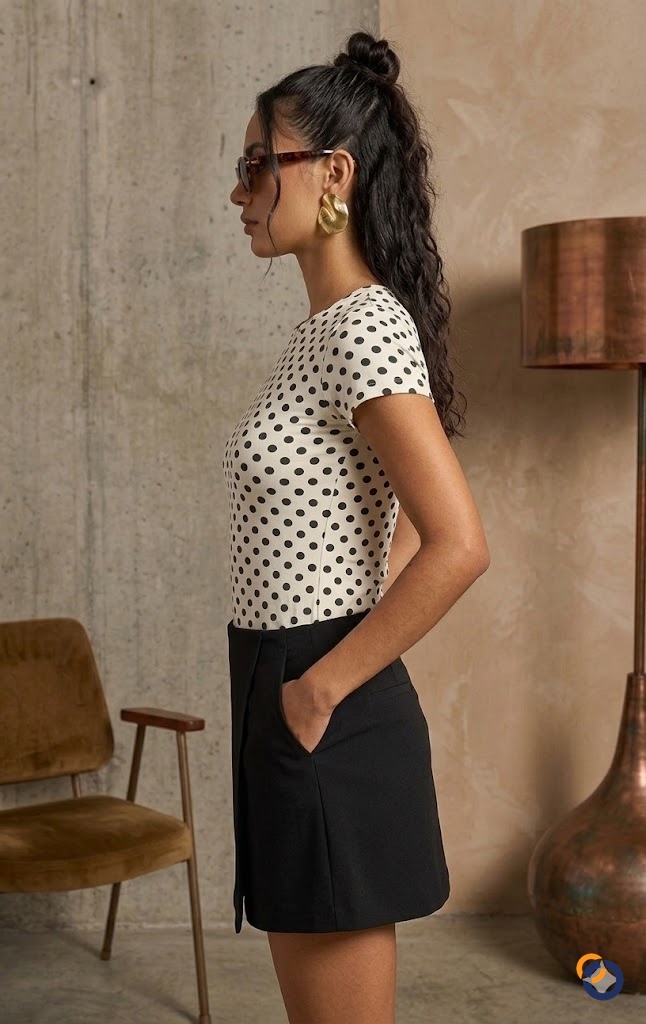 Puantiyeli Likralı Kısa Kollu Crop Tişört - T-Shirt fason üretim görsel 3