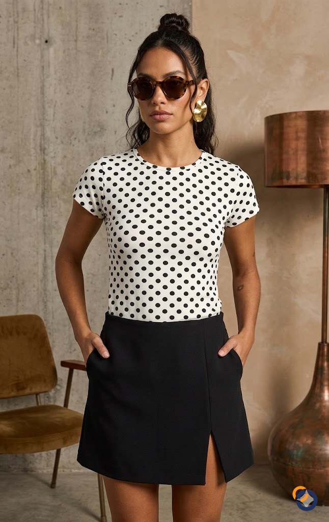 Puantiyeli Likralı Kısa Kollu Crop Tişört - T-Shirt fason üretim