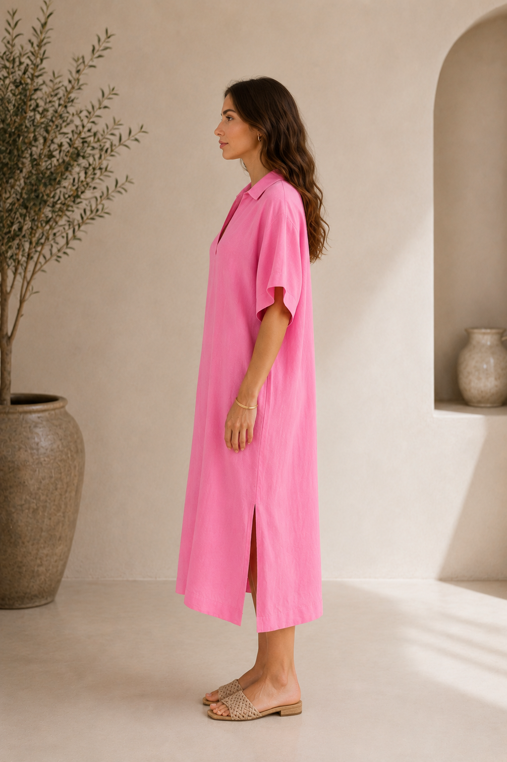 Studio Pembe Oversize Keten Elbise - Elbise fason üretim görsel 2