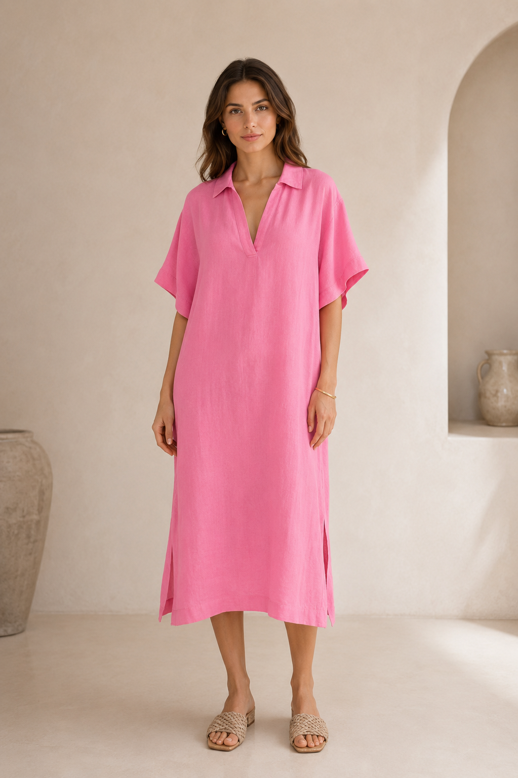 Studio Pembe Oversize Keten Elbise - Elbise fason üretim