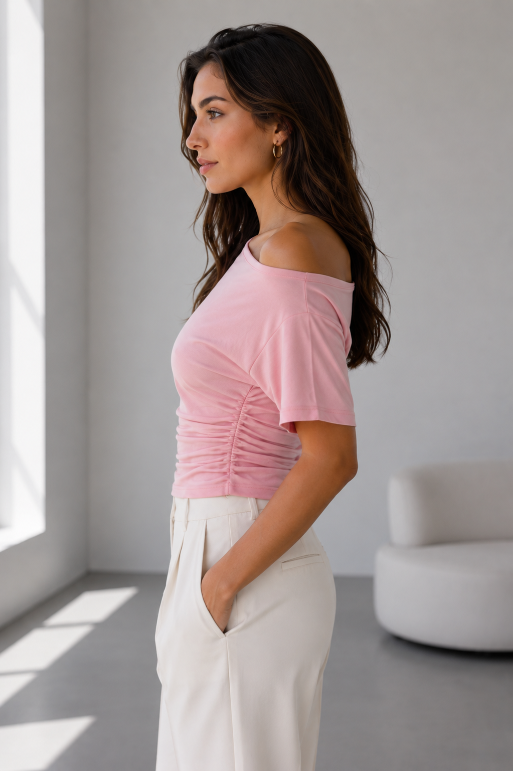 Studio Crop Asimetrik Yaka Bluz - Pembe - Bluz fason üretim görsel 3