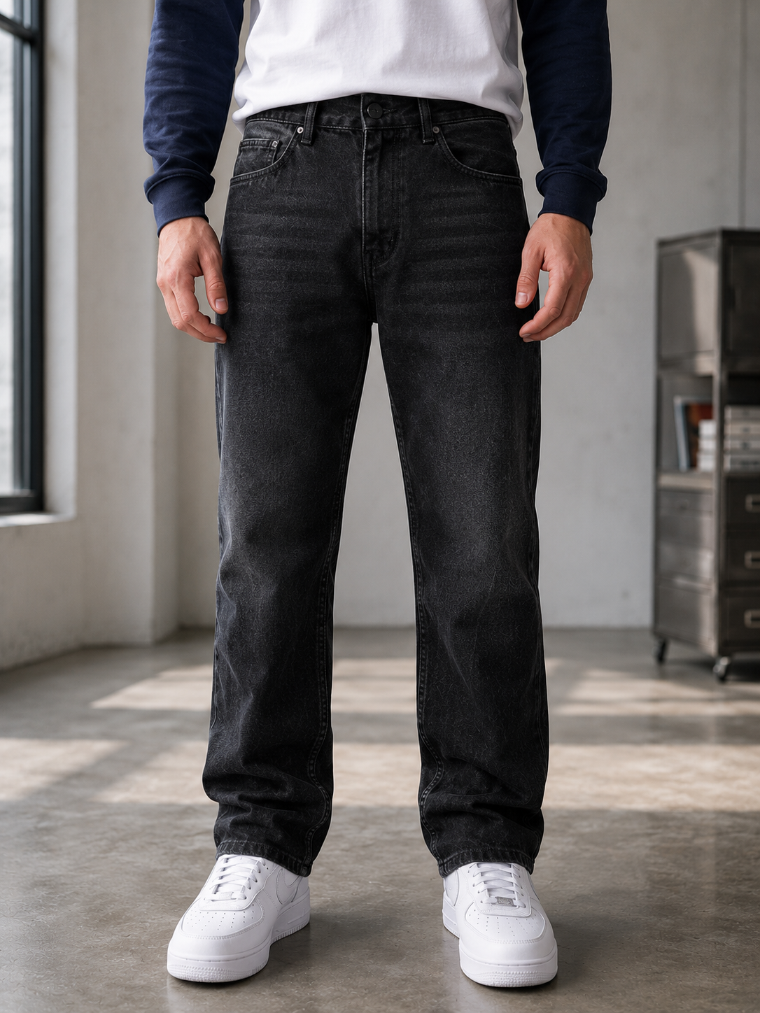 Studio Siyah Taşlamalı Baggy Jean - Pantolon fason üretim görsel 2