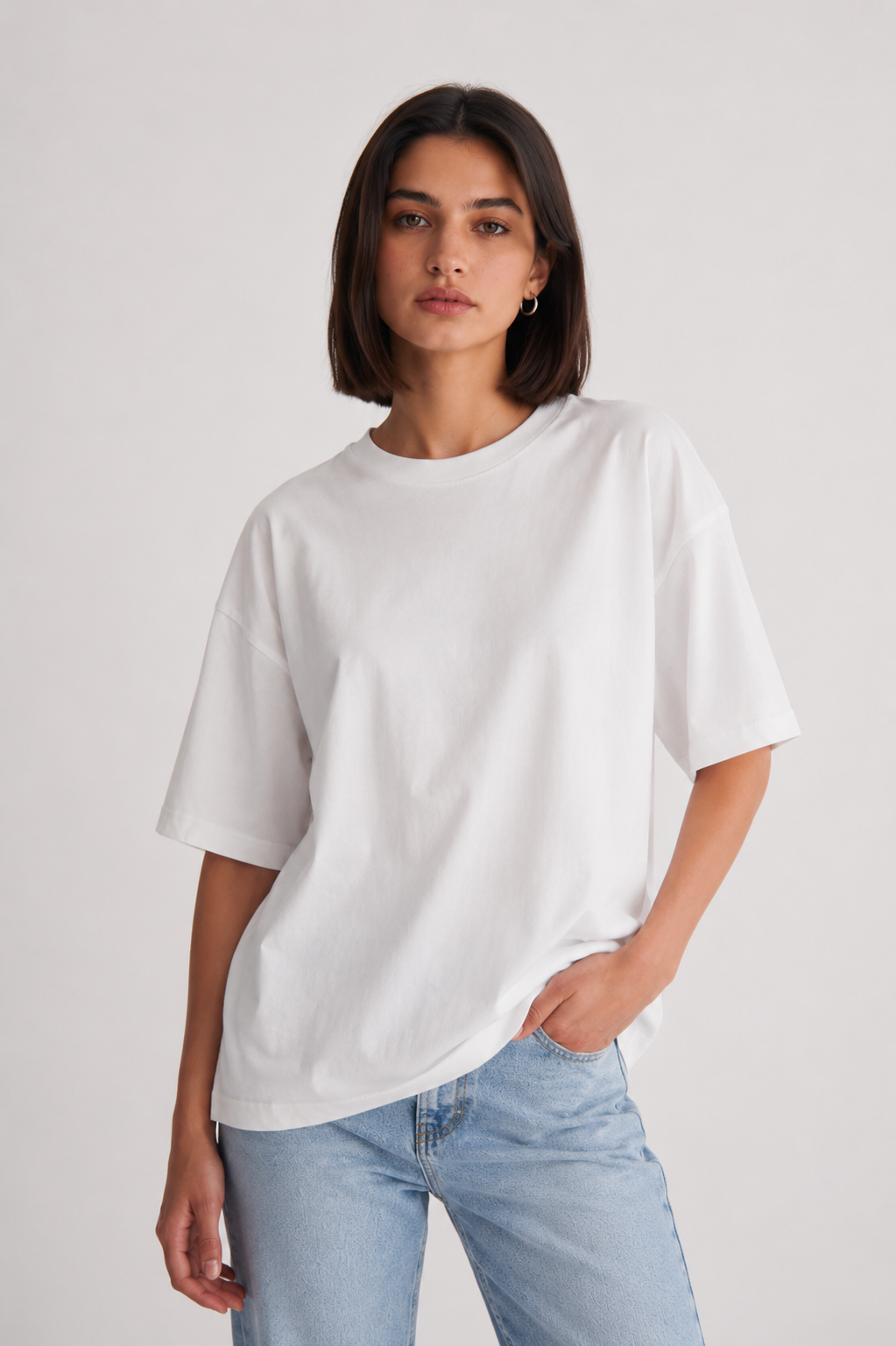 Studio Oversize Fit Bisiklet Yaka Organik Pamuk T-Shirt - Beyaz - T-Shirt fason üretim