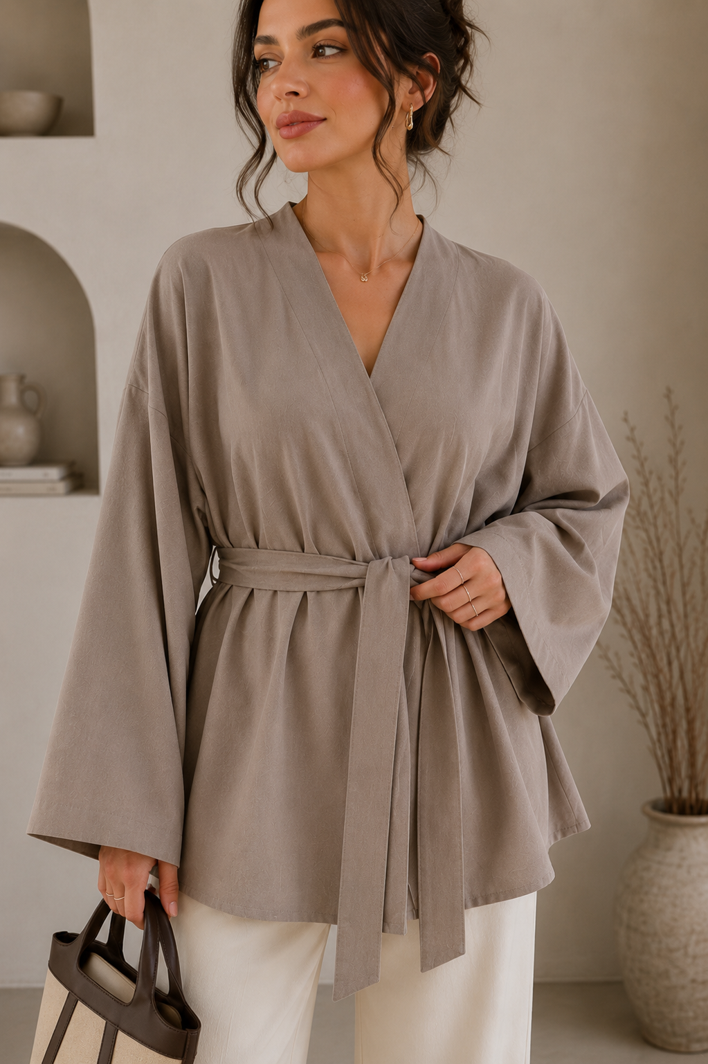 Studio Oversize Kemerli Kimono - Bej - Hırka fason üretim görsel 4