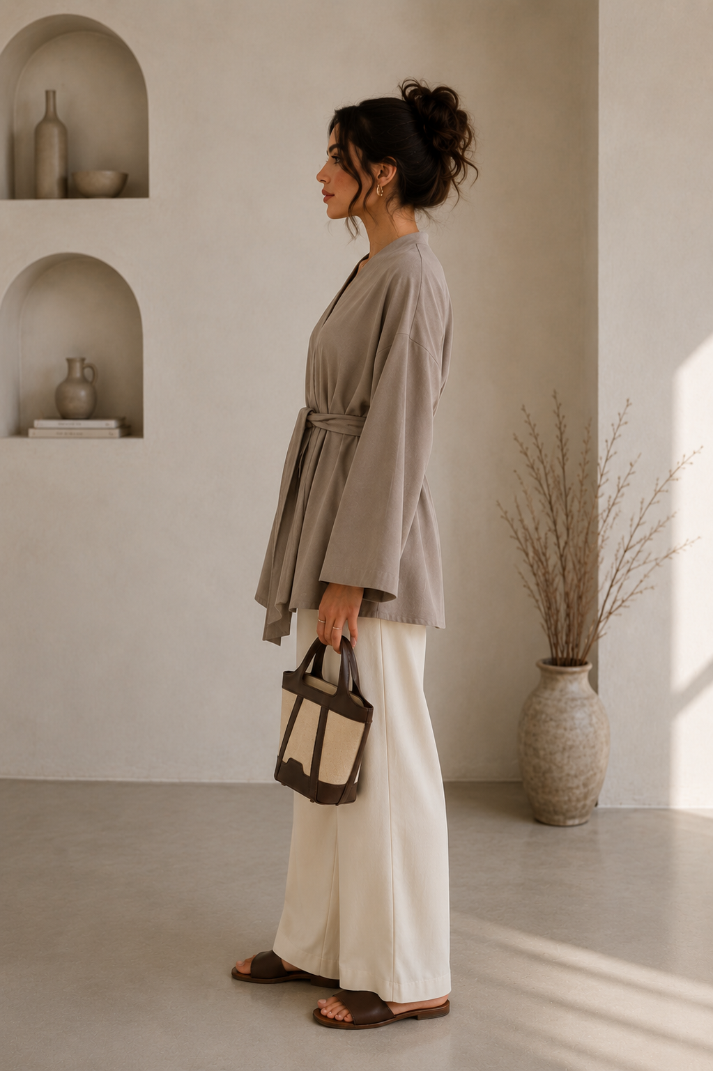 Studio Oversize Kemerli Kimono - Bej - Hırka fason üretim görsel 3