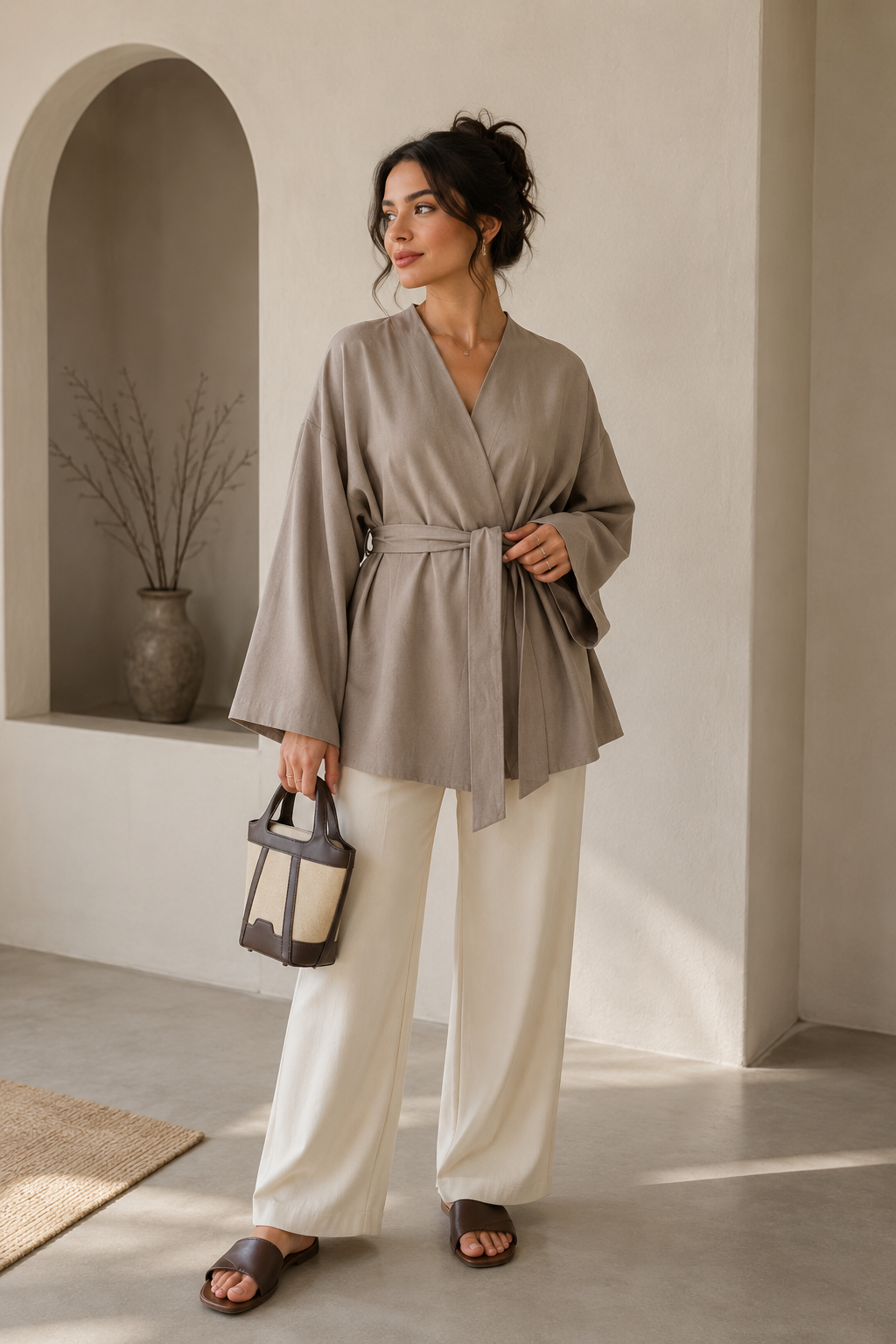 Studio Oversize Kemerli Kimono - Bej