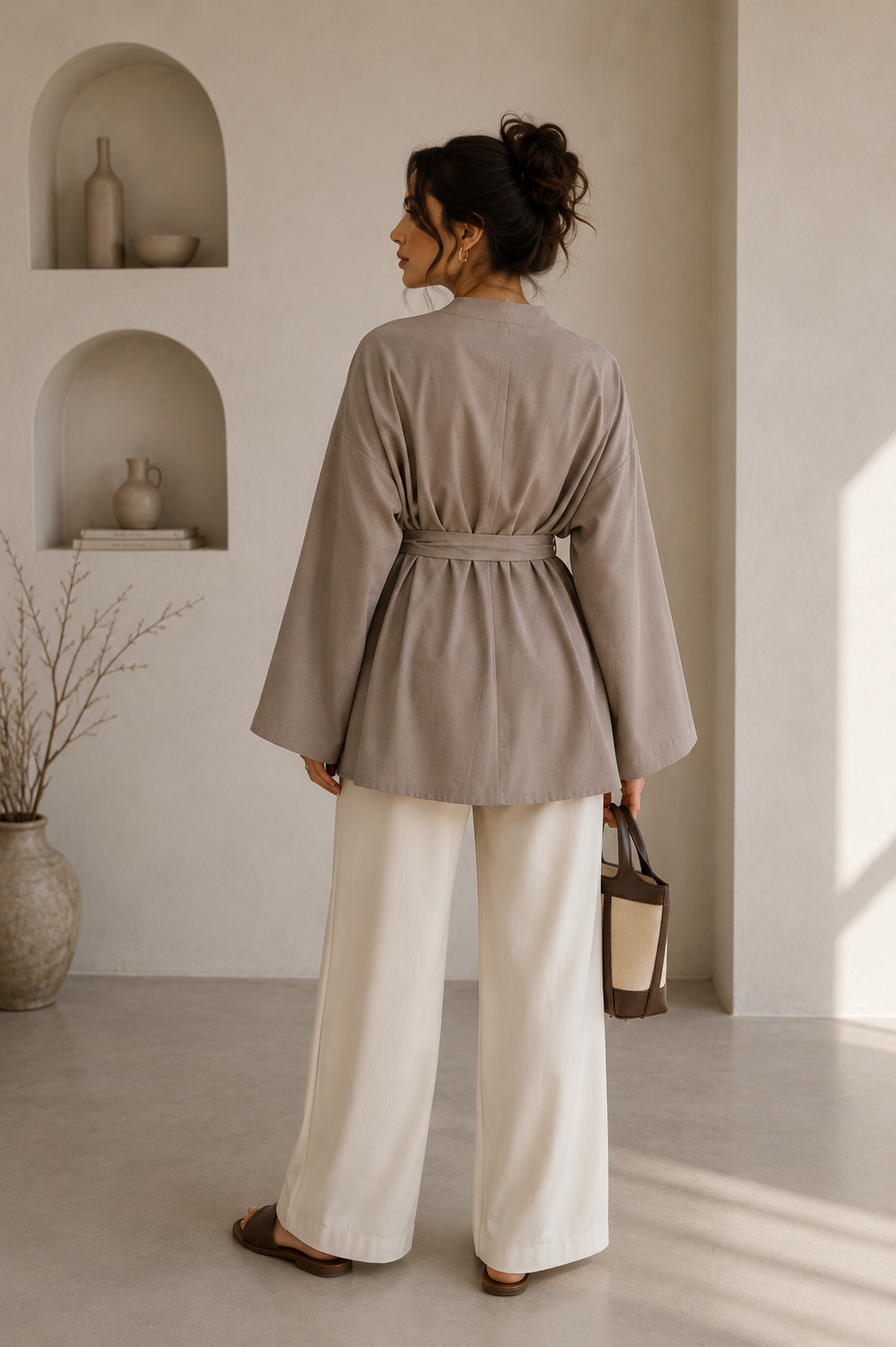 Studio Oversize Kemerli Kimono - Bej - Hırka fason üretim görsel 2