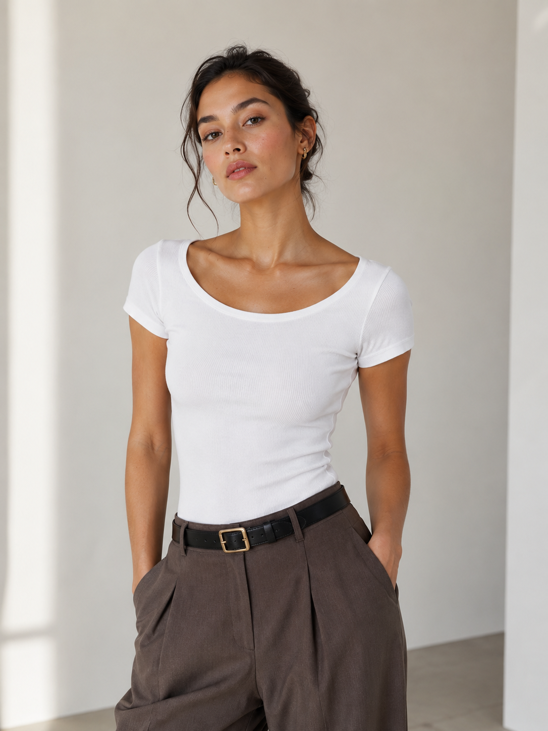 Studio Slim Fit Kayık Yaka Tişört Bluz - Beyaz - T-Shirt fason üretim