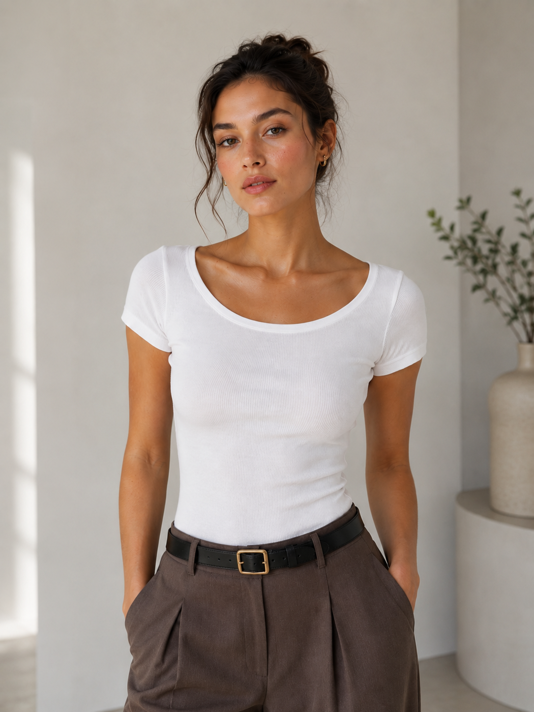 Studio Slim Fit Kayık Yaka Tişört Bluz - Beyaz - T-Shirt fason üretim görsel 4