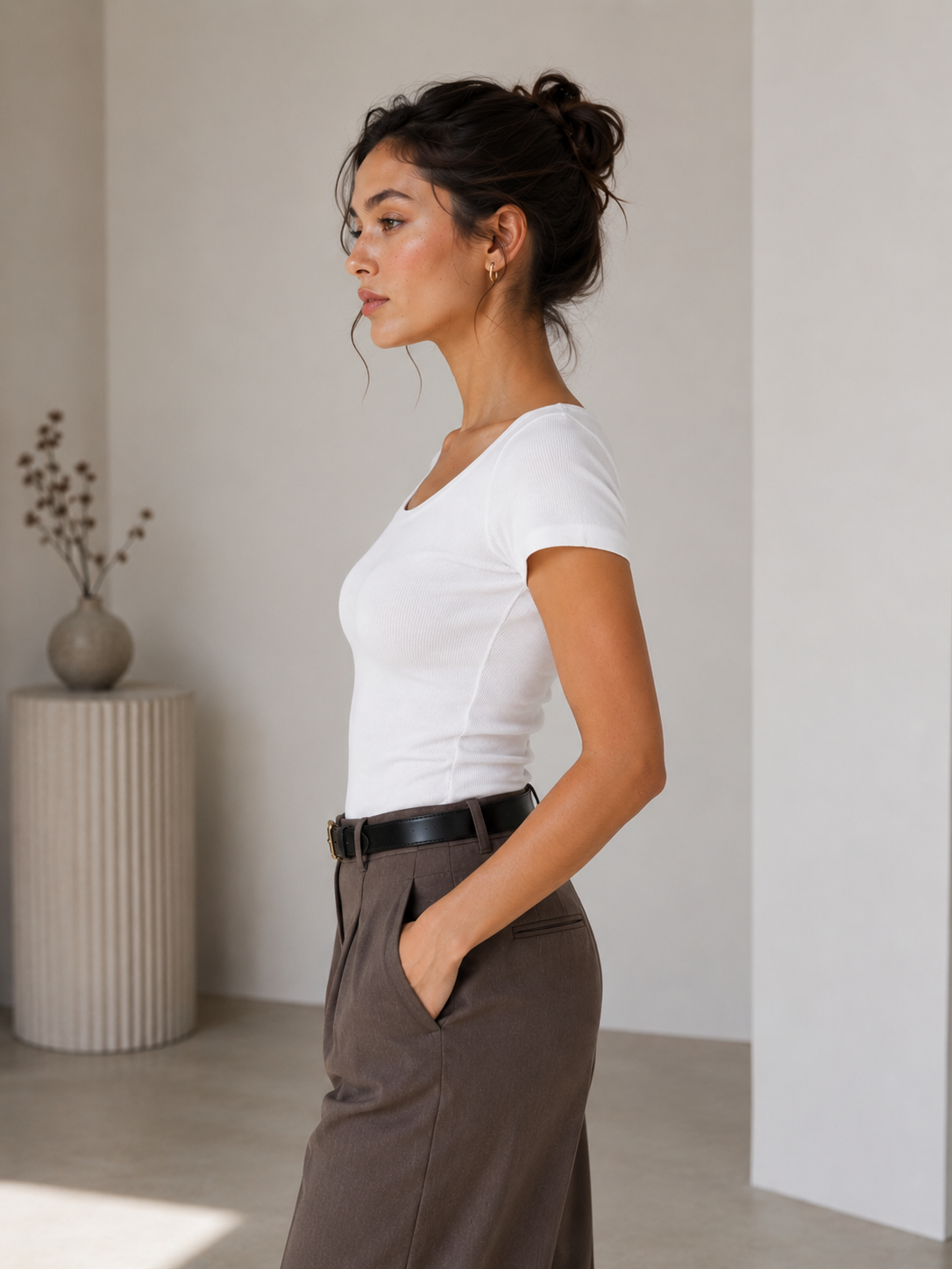 Studio Slim Fit Kayık Yaka Tişört Bluz - Beyaz - T-Shirt fason üretim görsel 3