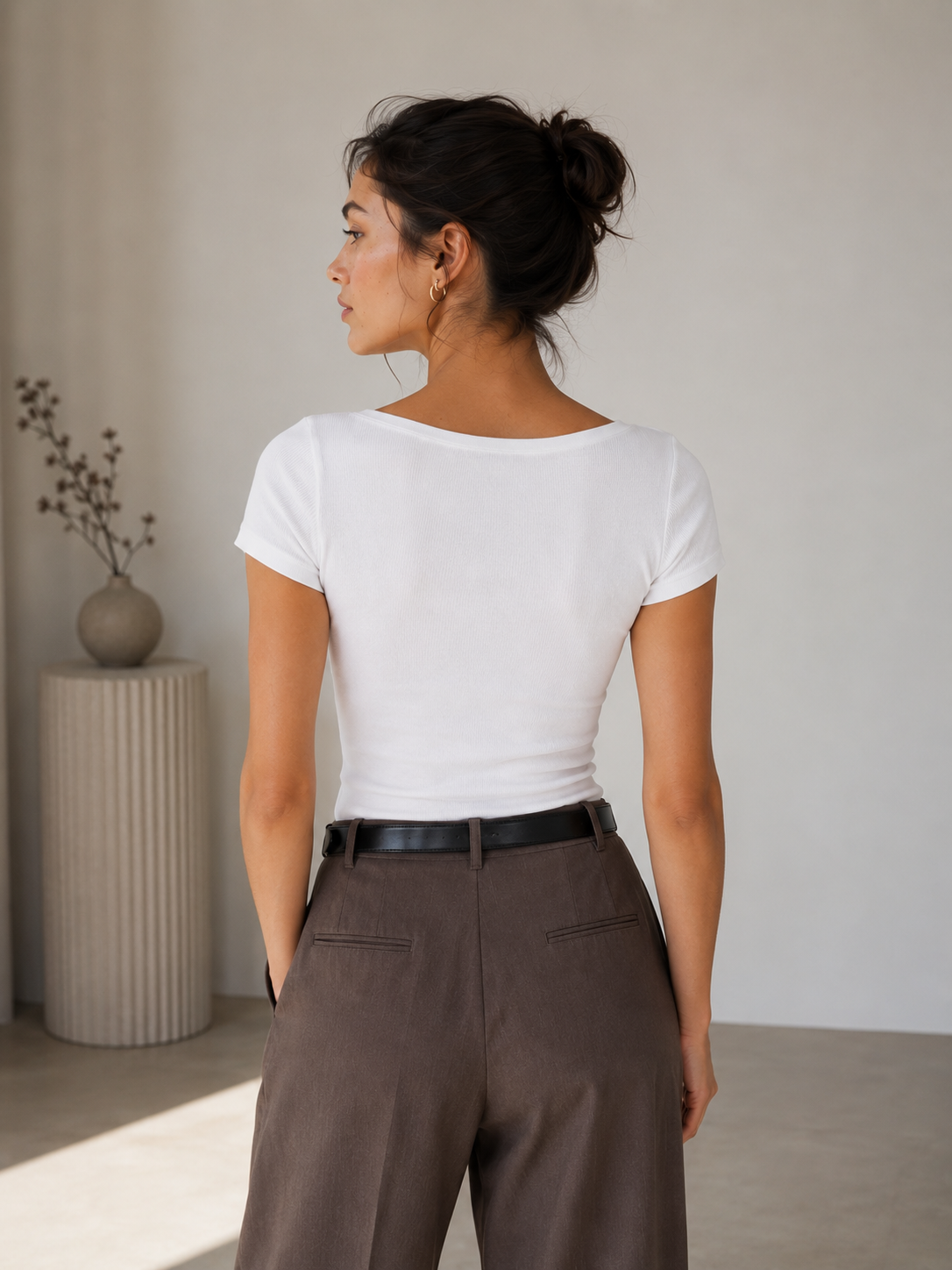 Studio Slim Fit Kayık Yaka Tişört Bluz - Beyaz - T-Shirt fason üretim görsel 2