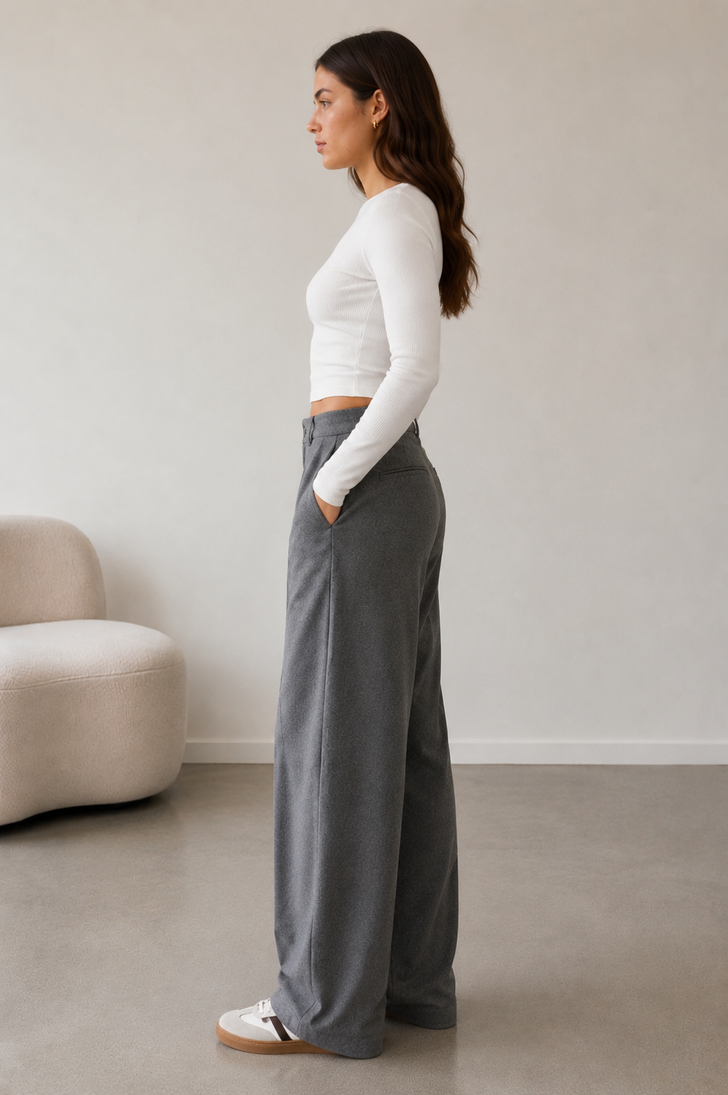 Studio Straight Yüksek Bel Kumaş Pantolon - Gri - Pantolon fason üretim görsel 3